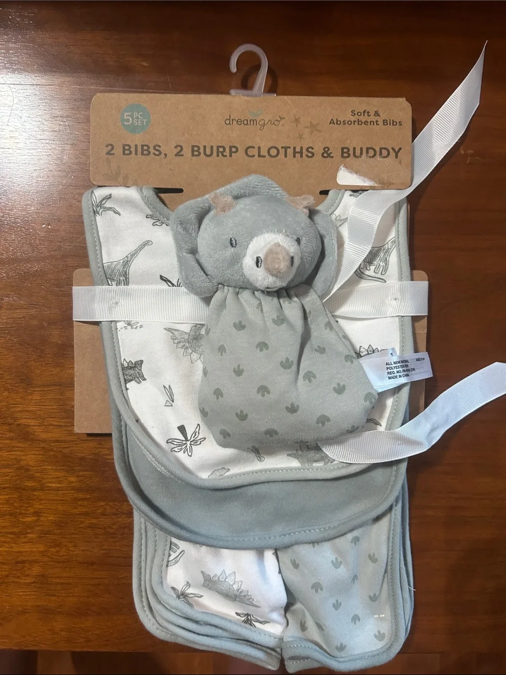 Soft Green Baby Bib & Burp Cloth Set with Plush Buddy